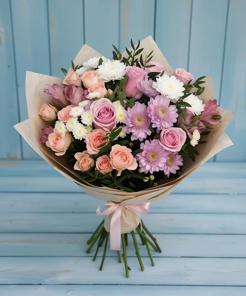 Букет цветов из: Хризантемы, Розы и Альстромерии в Ишне