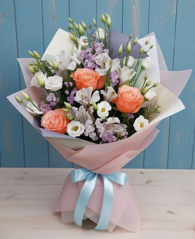 Букет цветов из: Лизиантусы, Розы, Альстромерии и Гипсофила в Ишне