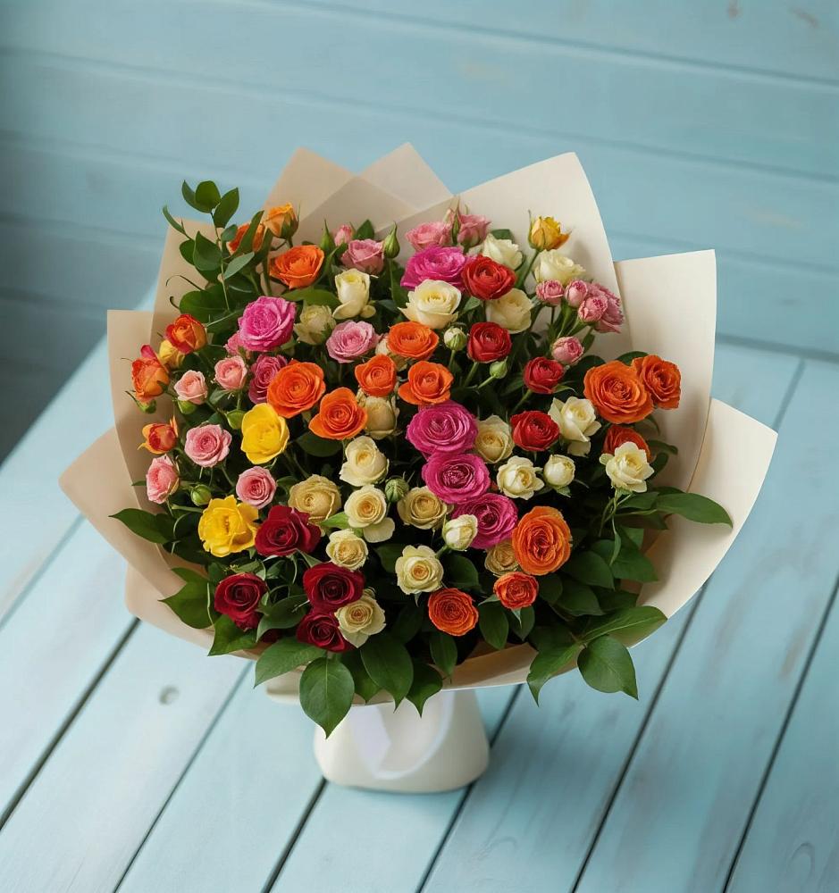 Букет Микс из разноцветных кустовых роз в Ишне